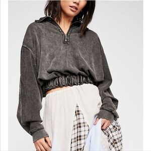 Free People Summer Night Washed Black Cropped Half-Zip Sweatshirt Size Medium